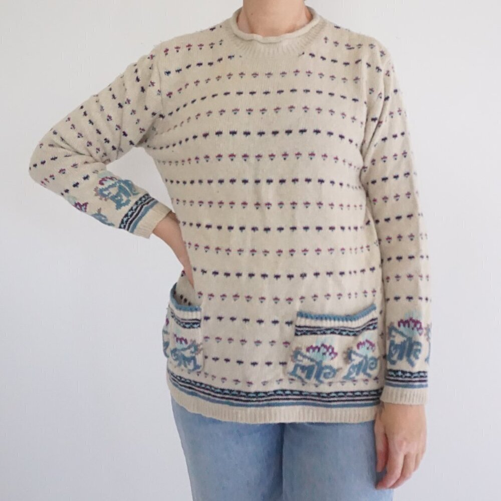 Vintage Summit Hill Taupe Knit Micro Floral 11% Wool Low Front Pocket Sweater S